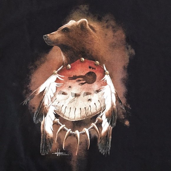 Menchego Bear Spirit Native American Graphic‎ Black T-Shirt Men Size XL y2K - Picture 3 of 8